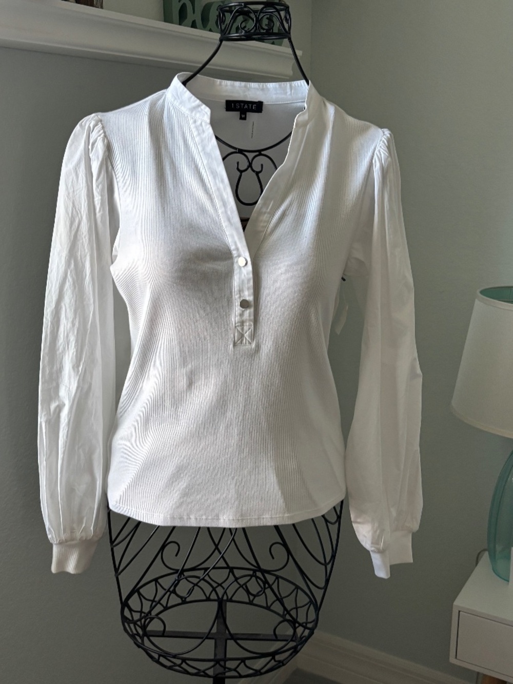 NWT 1State White Cotton Henley Blouse Sz M